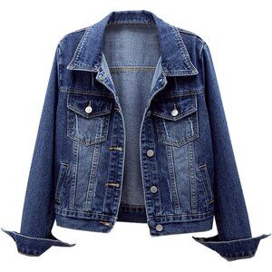 Women's Jean Jacket Distressed Ripped Denim Jacket Coat with Pockets Deep Blue